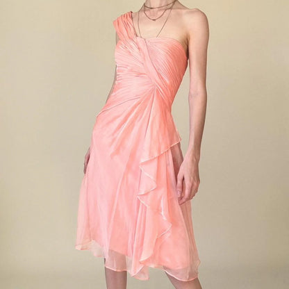 One Shoulder Dress Ruffled Layered Detail Y2K Coral Pink Prom Homecoming Dress simple gentle atmospheric and unique desi Bring summer colors to enhance whiteness