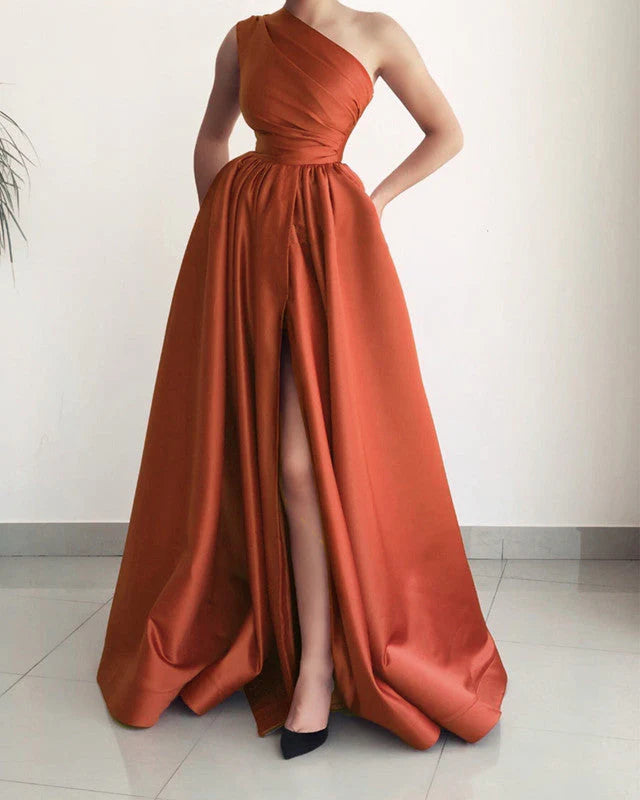 One Shoulder Evening Dresses Satin Split Formal Party Gown with Split simple gentle atmospheric and unique desi Bring summer colors to enhance whiteness