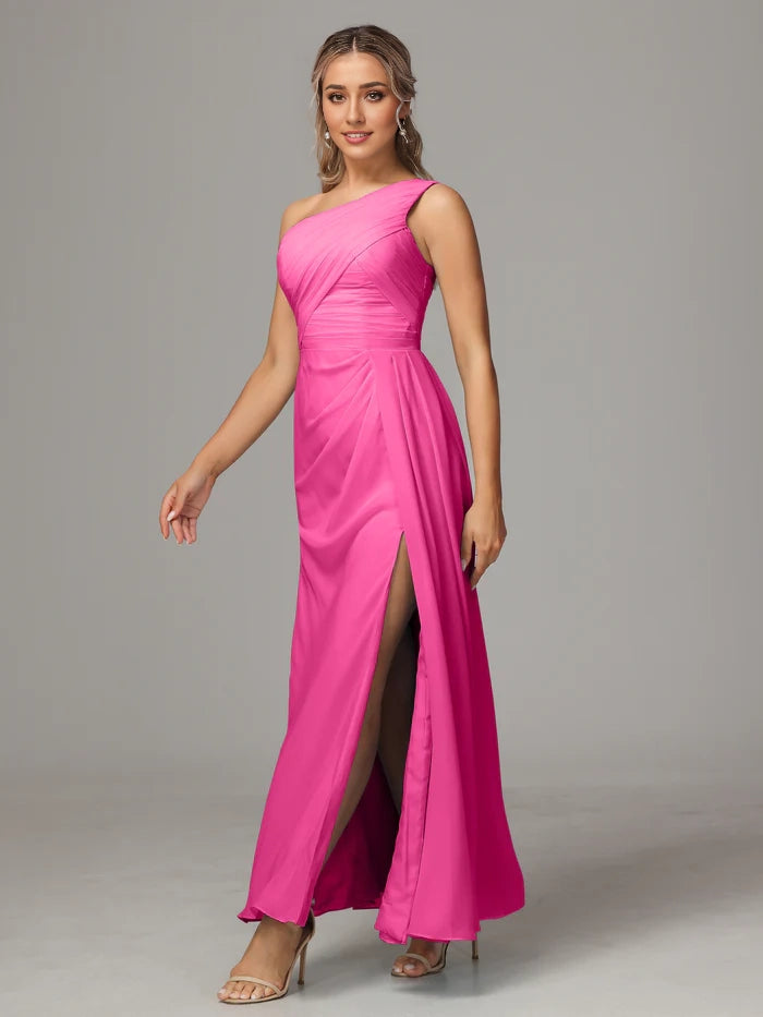One Shoulder Floor Length Chiffon Bridesmaid Dress simple gentle atmospheric and unique desi Bring summer colors to enhance whiteness