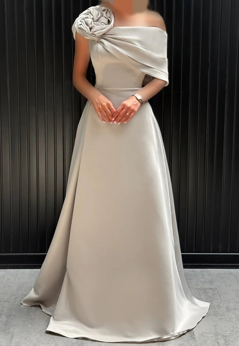 One Shoulder Floral Sleek Satin A-Line Mother of Bride Dress simple gentle atmospheric and unique desi Bring summer colors to enhance whiteness