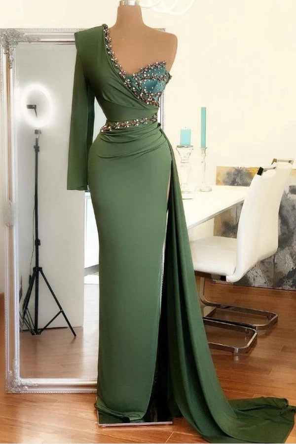 One Shoulder Long Sleeve Prom Dress Mermaid With Crystaln Simple gentle atmospheric and unique design