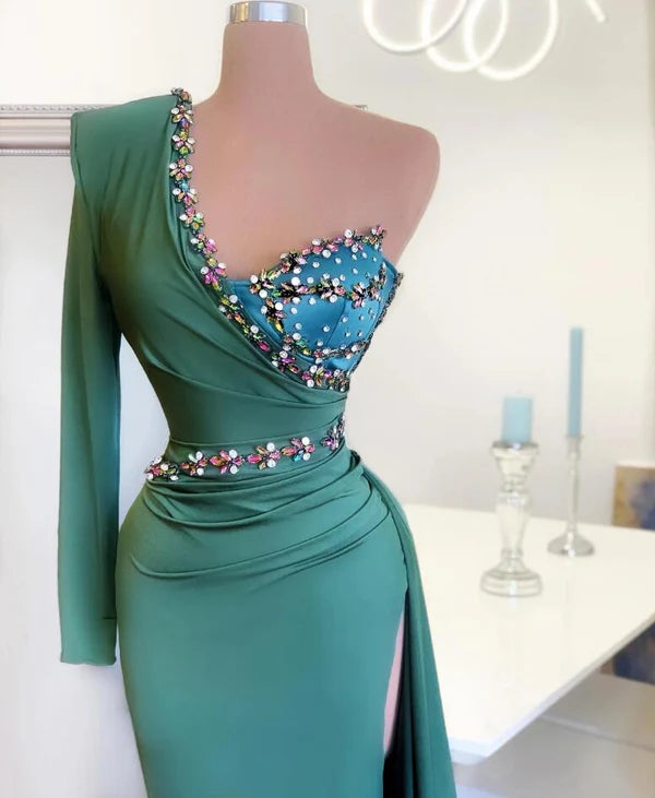 One Shoulder Long Sleeve Prom Dress Mermaid With Crystaln Simple gentle atmospheric and unique design