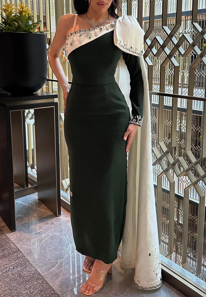 One Shoulder Long Sleeves Beaded Mermaid Evening Dress simple gentle atmospheric and unique desi Bring summer colors to enhance whiteness