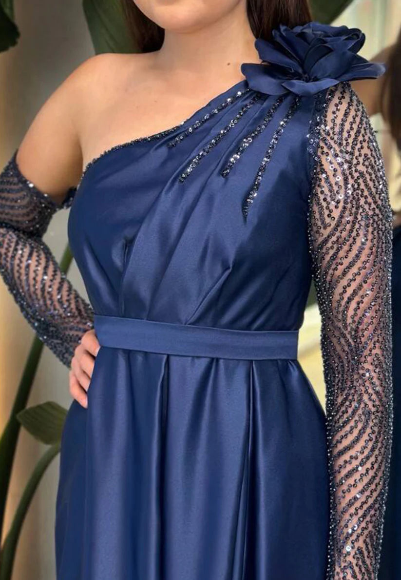 One Shoulder Long Sleeves Pleated 3D Floral A-Line Mother of Bride Dress simple gentle atmospheric and unique desi Bring summer colors to enhance whiteness