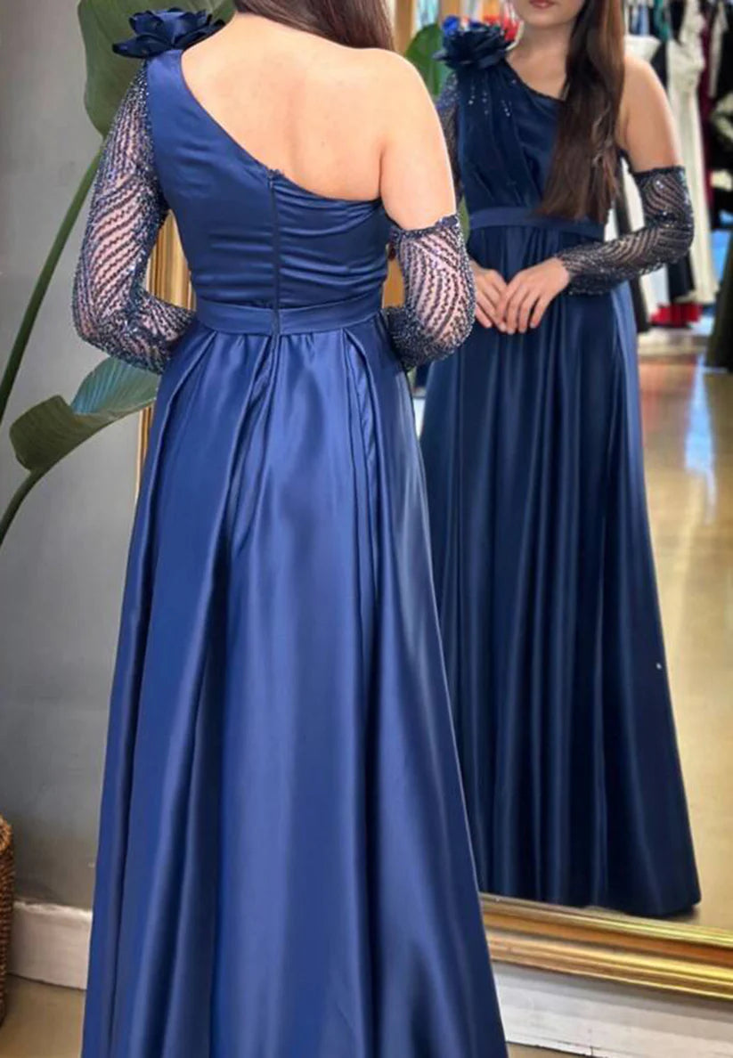 One Shoulder Long Sleeves Pleated 3D Floral A-Line Mother of Bride Dress simple gentle atmospheric and unique desi Bring summer colors to enhance whiteness