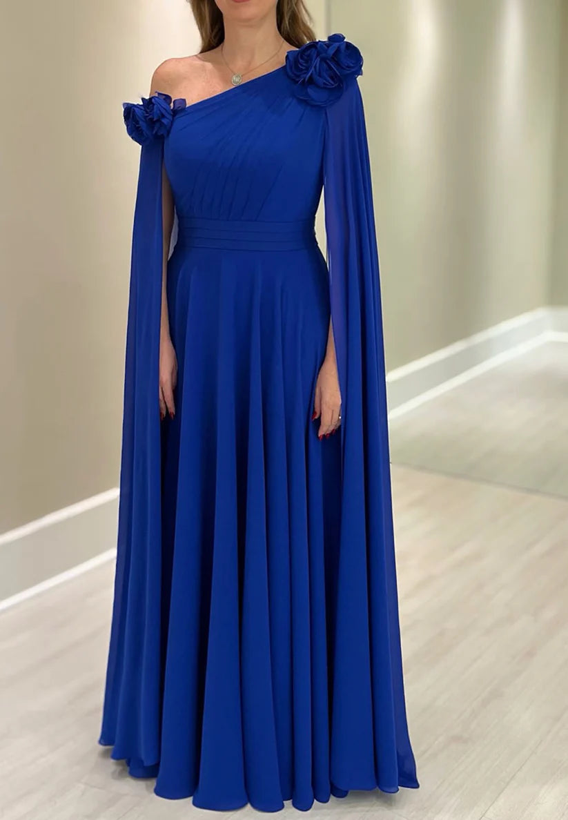 One Shoulder Long Sleeves Pleated Chiffon A-Line Mother of Bride Dress simple gentle atmospheric and unique desi Bring summer colors to enhance whiteness