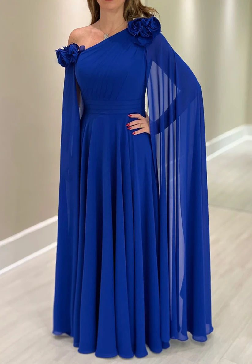 One Shoulder Long Sleeves Pleated Chiffon A-Line Mother of Bride Dress simple gentle atmospheric and unique desi Bring summer colors to enhance whiteness