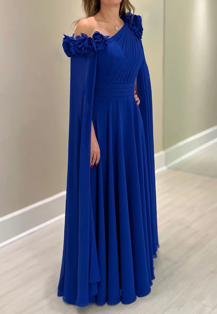 One Shoulder Long Sleeves Pleated Chiffon A-Line Mother of Bride Dress simple gentle atmospheric and unique desi Bring summer colors to enhance whiteness