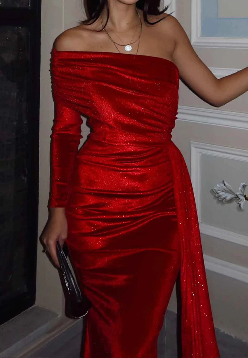 One Shoulder Long Sleeves Pleated Evening Dress Sparkly Formal Dress simple gentle atmospheric and unique desi Bring summer colors to enhance whitenesssi Bring summer colors to enhance whiteness