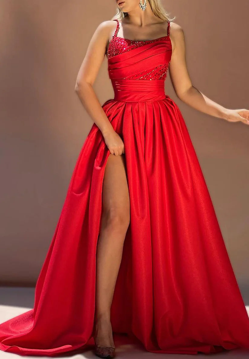 One Shoulder Long Sleeves PleatedScoop Spaghetti Straps Beaded Prom Dress Pleated A-Line Evening Dress simple gentle atmospheric and unique desi Bring summer colors to enhance whiteness