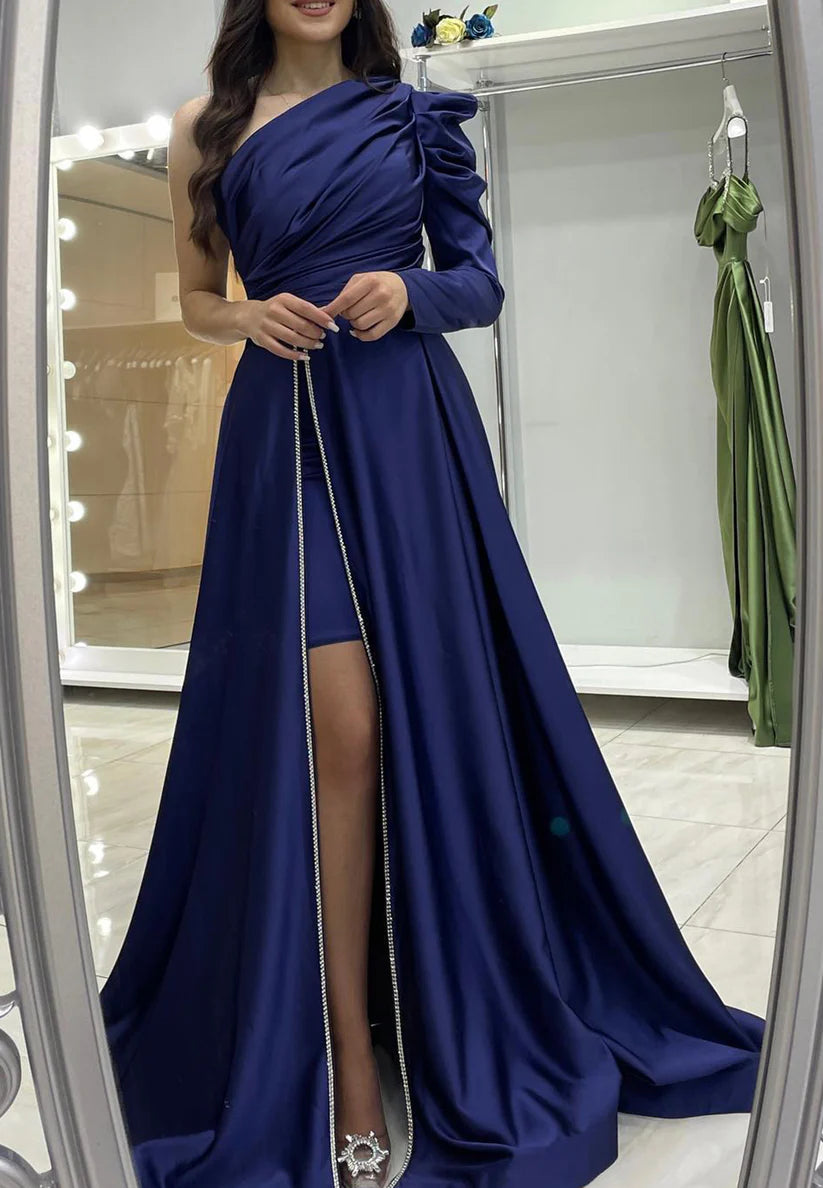 One Shoulder Long Sleeves Pleated Side Slit Evening Dress A-Line Formal Dress simple gentle atmospheric and unique desi Bring summer colors to enhance whiteness