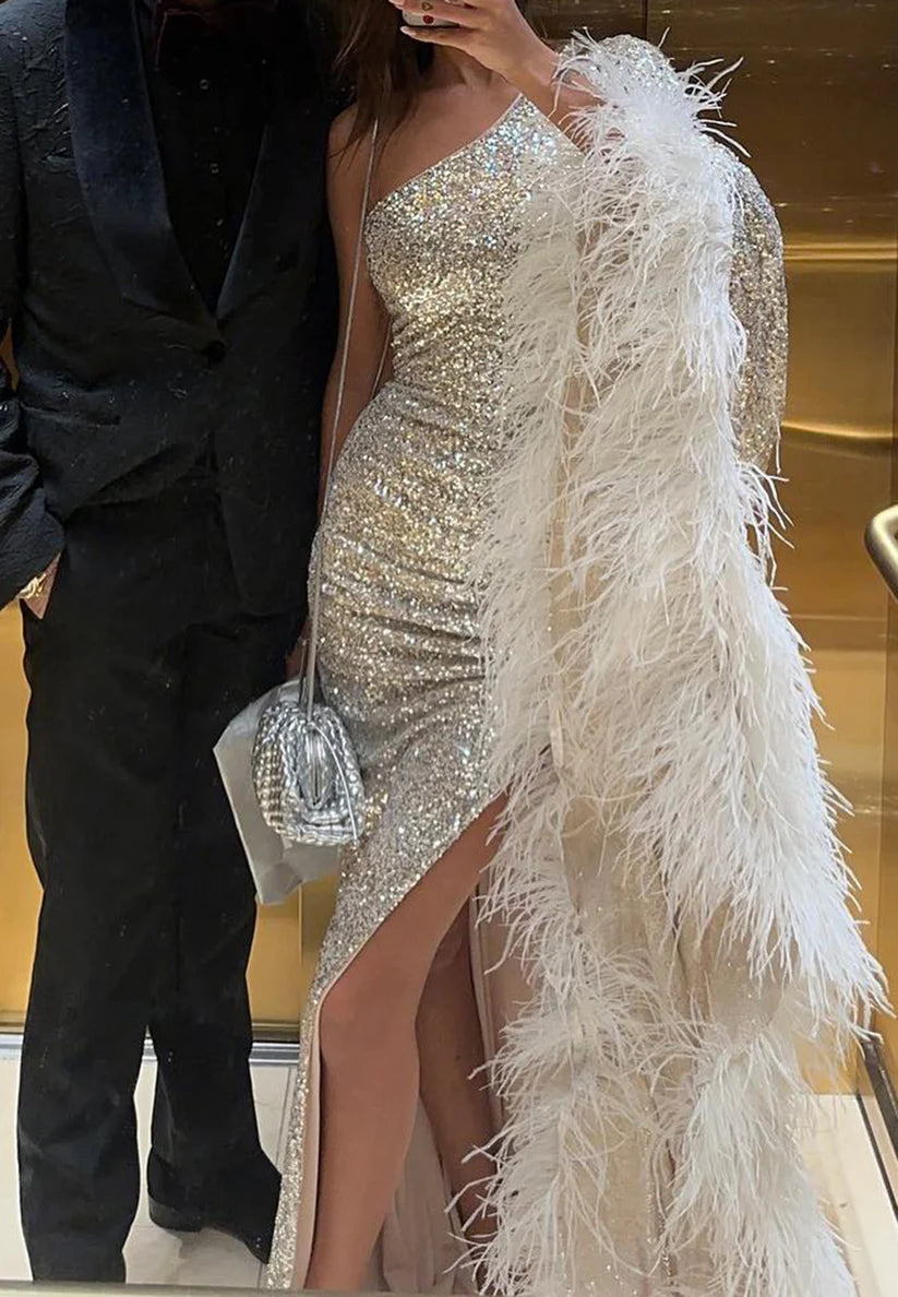 One Shoulder Long Sleeves Sequins Feathered Sheath Evening Dress simple gentle atmospheric and unique desi Bring summer colors to enhance whiteness