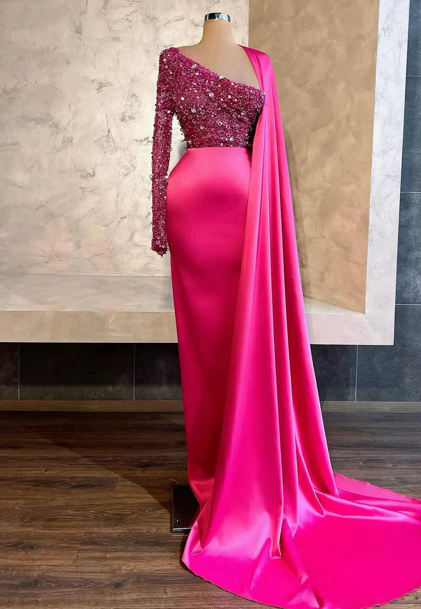 One Shoulder Long Sleeves Sequins Sparkly Mermaid Prom Dress simple gentle atmospheric and unique desi Bring summer colors to enhance whiteness