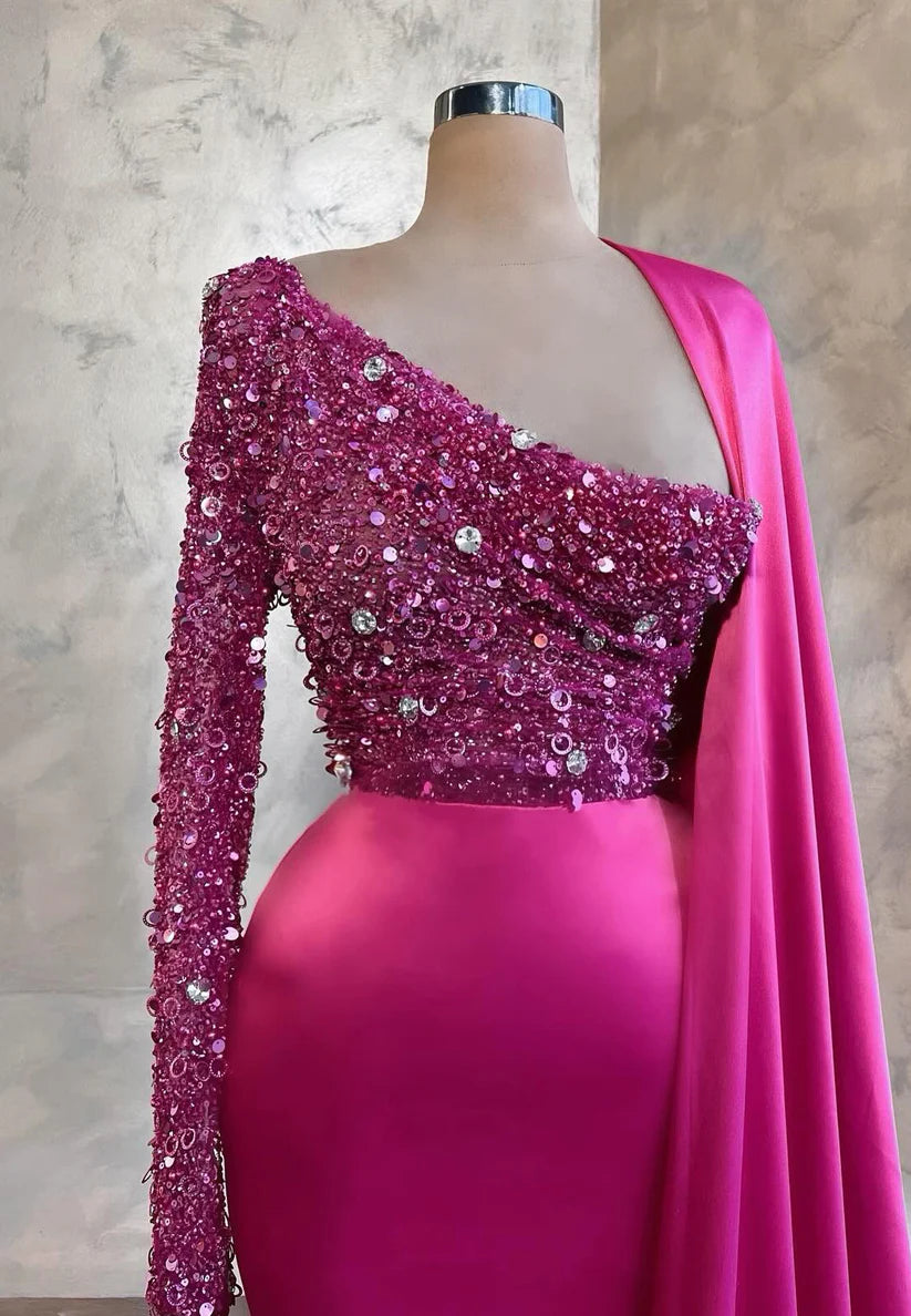 One Shoulder Long Sleeves Sequins Sparkly Mermaid Prom Dress simple gentle atmospheric and unique desi Bring summer colors to enhance whiteness