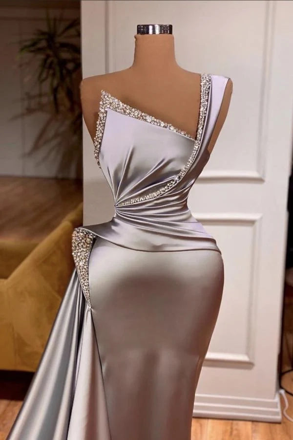 One Shoulder Mermaid Prom Dress Long Slit With Pearls Simple gentle atmospheric and unique design
