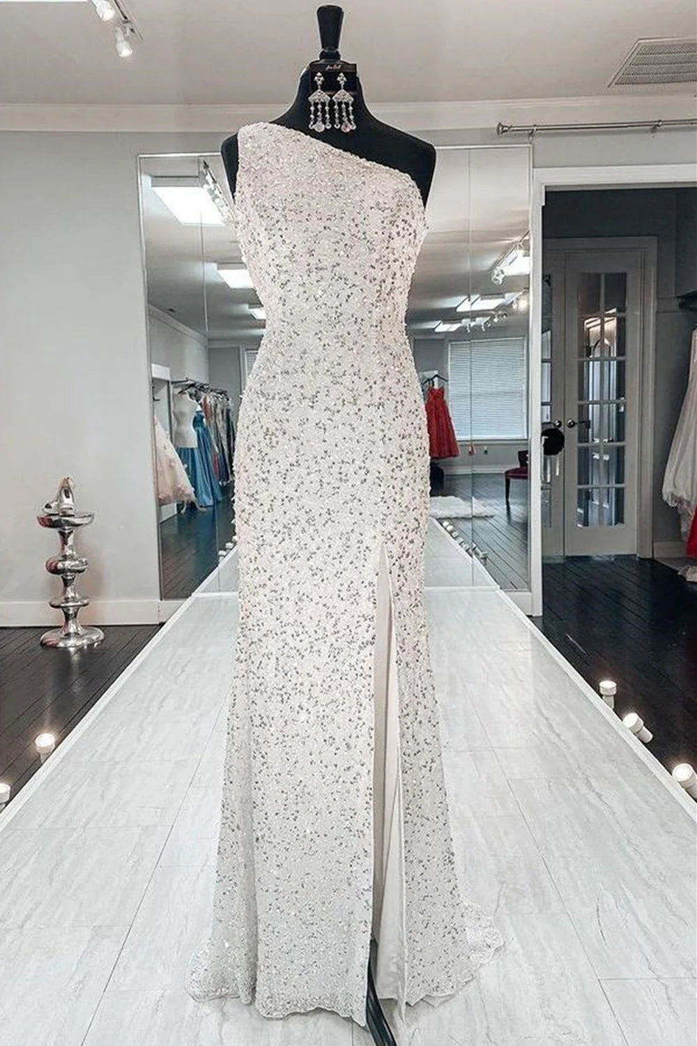 One Shoulder Mermaid Sequins Ivory Long Prom Dress Open Back Formal Dress,Sequins Sexy Evening Dresses simple gentle atmospheric and unique desi Bring summer colors to enhance whiteness ﻿