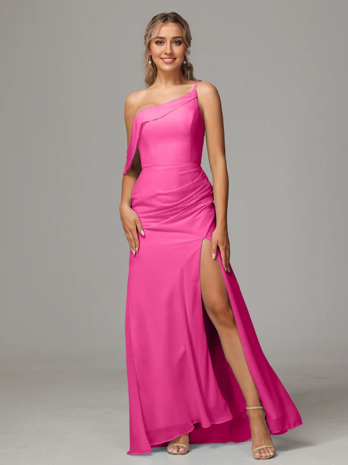 One Shoulder Off The Shoulder Chiffon Bridesmaid Dress simple gentle atmospheric and unique desi Bring summer colors to enhance whiteness