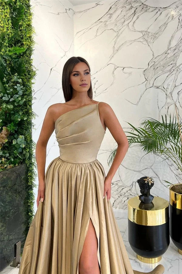 One Shoulder Red Prom Dress Long A-Line With Split Simple gentle atmospheric and unique design