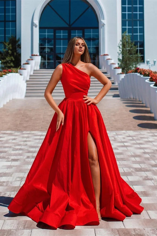 One Shoulder Red Prom Dress Slit Long On Sale Simple gentle atmospheric and unique design