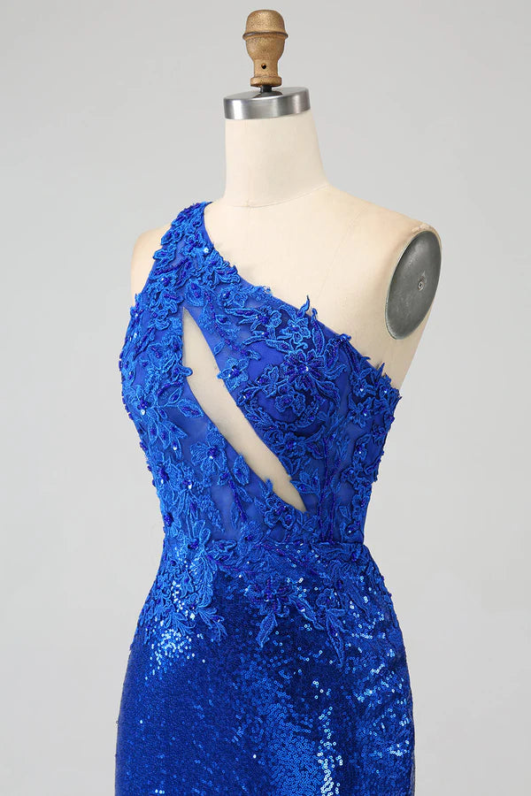 One Shoulder Royal Blue Mermaid Prom Dress with Slit simple gentle atmospheric and unique desi
