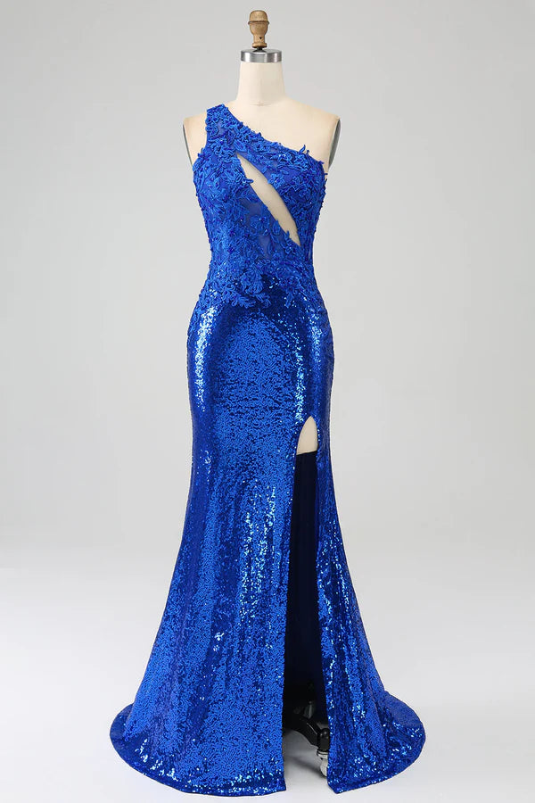 One Shoulder Royal Blue Mermaid Prom Dress with Slit simple gentle atmospheric and unique desi
