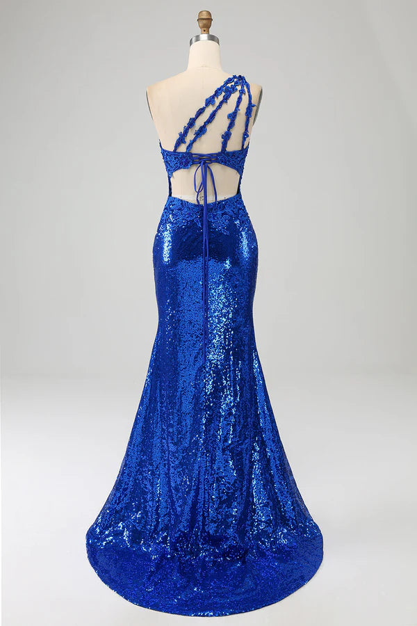 One Shoulder Royal Blue Mermaid Prom Dress with Slit simple gentle atmospheric and unique desi
