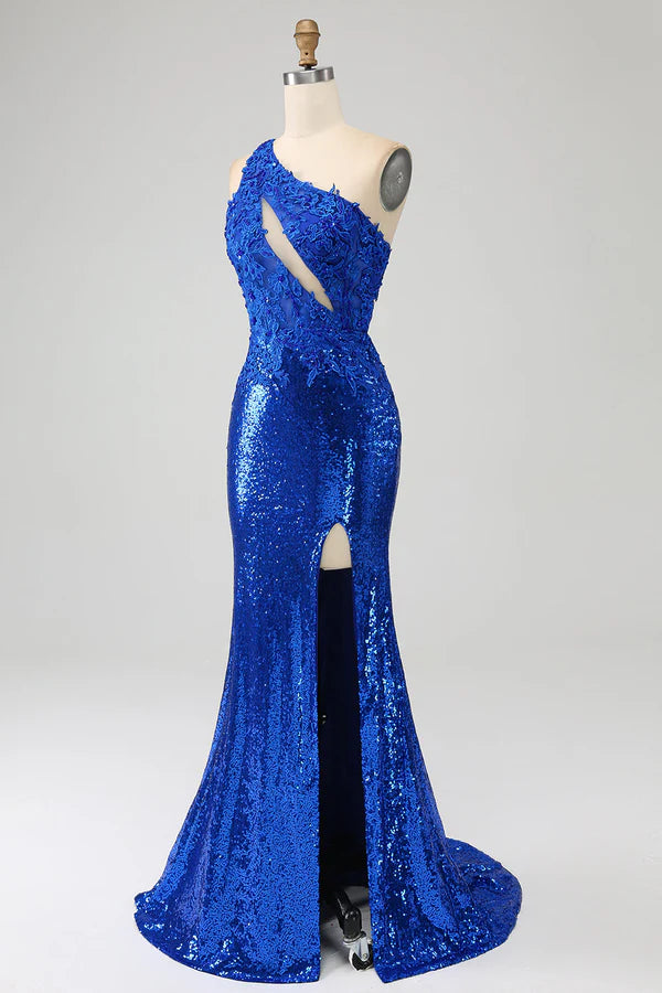 One Shoulder Royal Blue Mermaid Prom Dress with Slit simple gentle atmospheric and unique desi