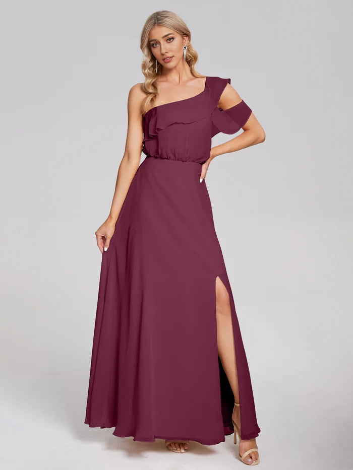 One Shoulder Ruffles Chiffon Bridesmaid Dress simple gentle atmospheric and unique desi Bring summer colors to enhance whiteness