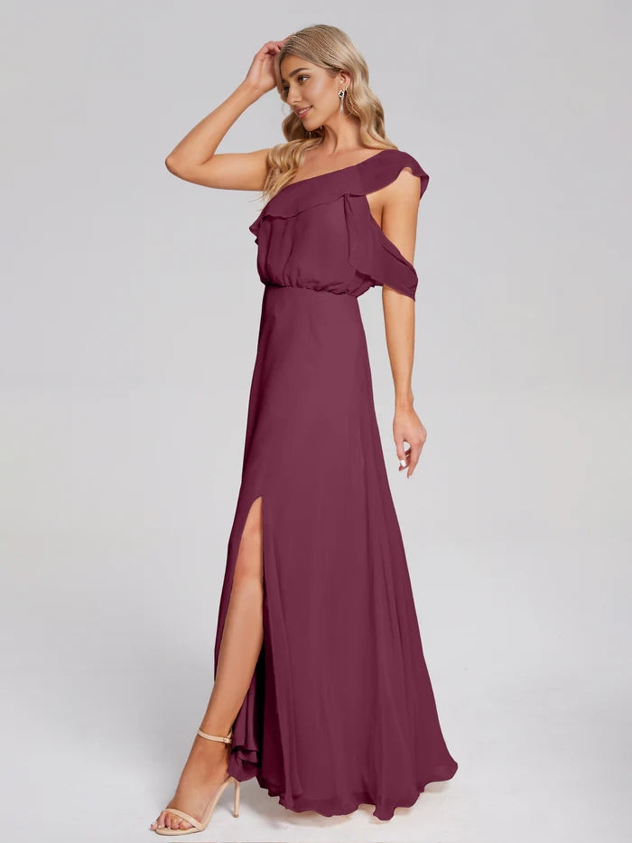 One Shoulder Ruffles Chiffon Bridesmaid Dress simple gentle atmospheric and unique desi Bring summer colors to enhance whiteness
