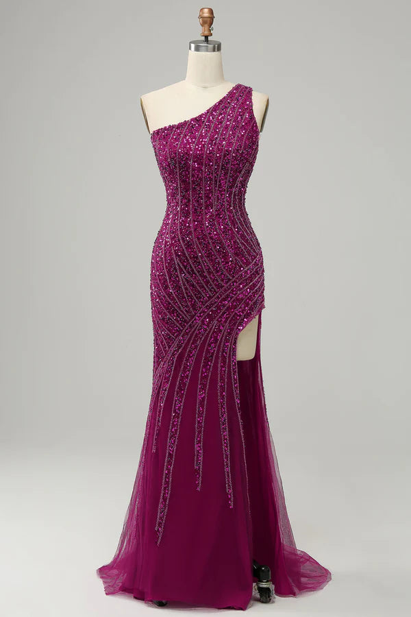 One Shoulder Sequin Prom Dress with Slit Simple gentle atmospheric and unique design