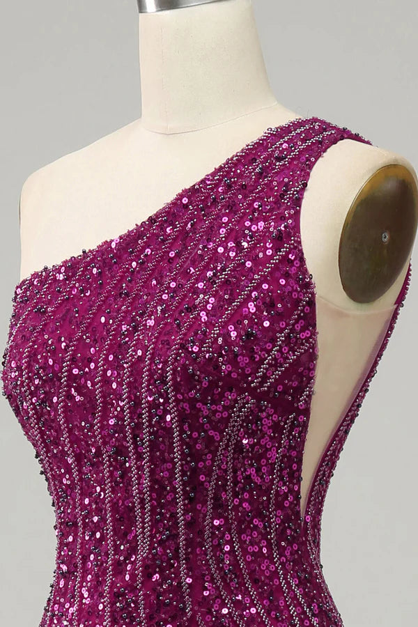 One Shoulder Sequin Prom Dress with Slit Simple gentle atmospheric and unique design