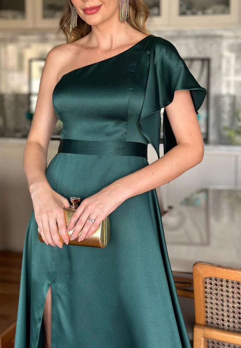 One Shoulder Short Sleeves Sleek A-Line Mother of Bride Dress simple gentle atmospheric and unique desi Bring summer colors to enhance whiteness