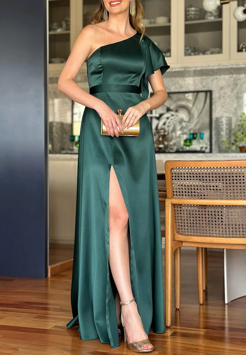 One Shoulder Short Sleeves Sleek A-Line Mother of Bride Dress simple gentle atmospheric and unique desi Bring summer colors to enhance whiteness