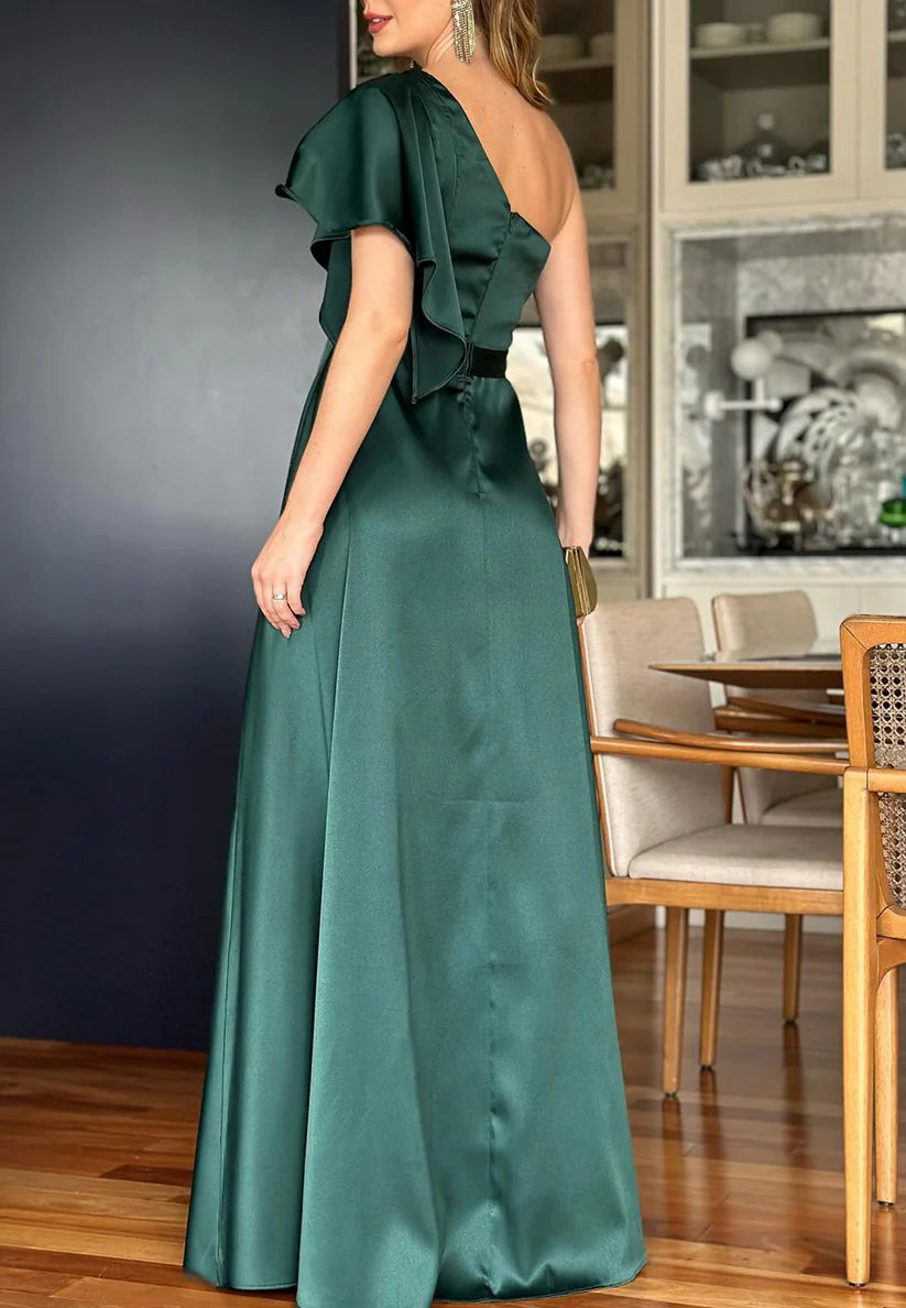 One Shoulder Short Sleeves Sleek A-Line Mother of Bride Dress simple gentle atmospheric and unique desi Bring summer colors to enhance whiteness