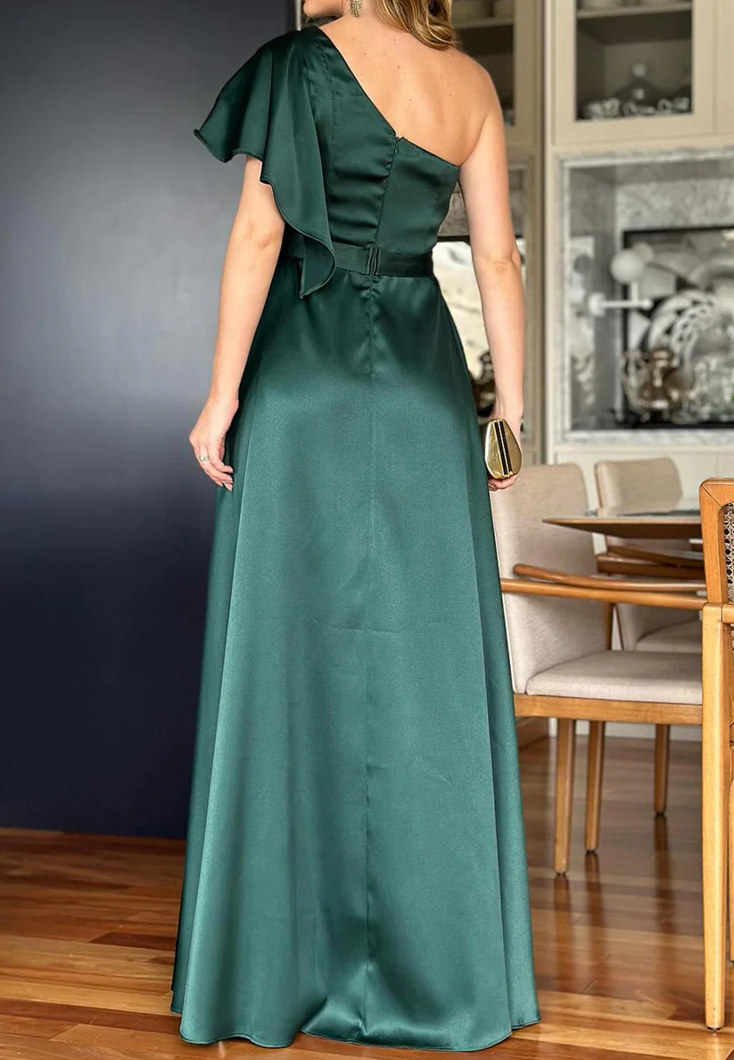 One Shoulder Short Sleeves Sleek A-Line Mother of Bride Dress simple gentle atmospheric and unique desi Bring summer colors to enhance whiteness