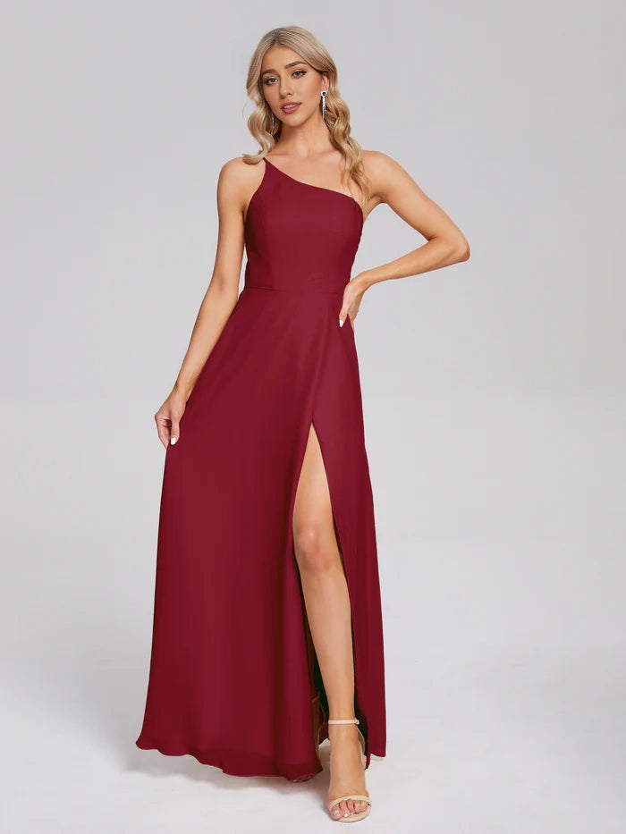 One Shoulder Side Slit Chiffon Bridesmaid Dress simple gentle atmospheric and unique desi Bring summer colors to enhance whiteness