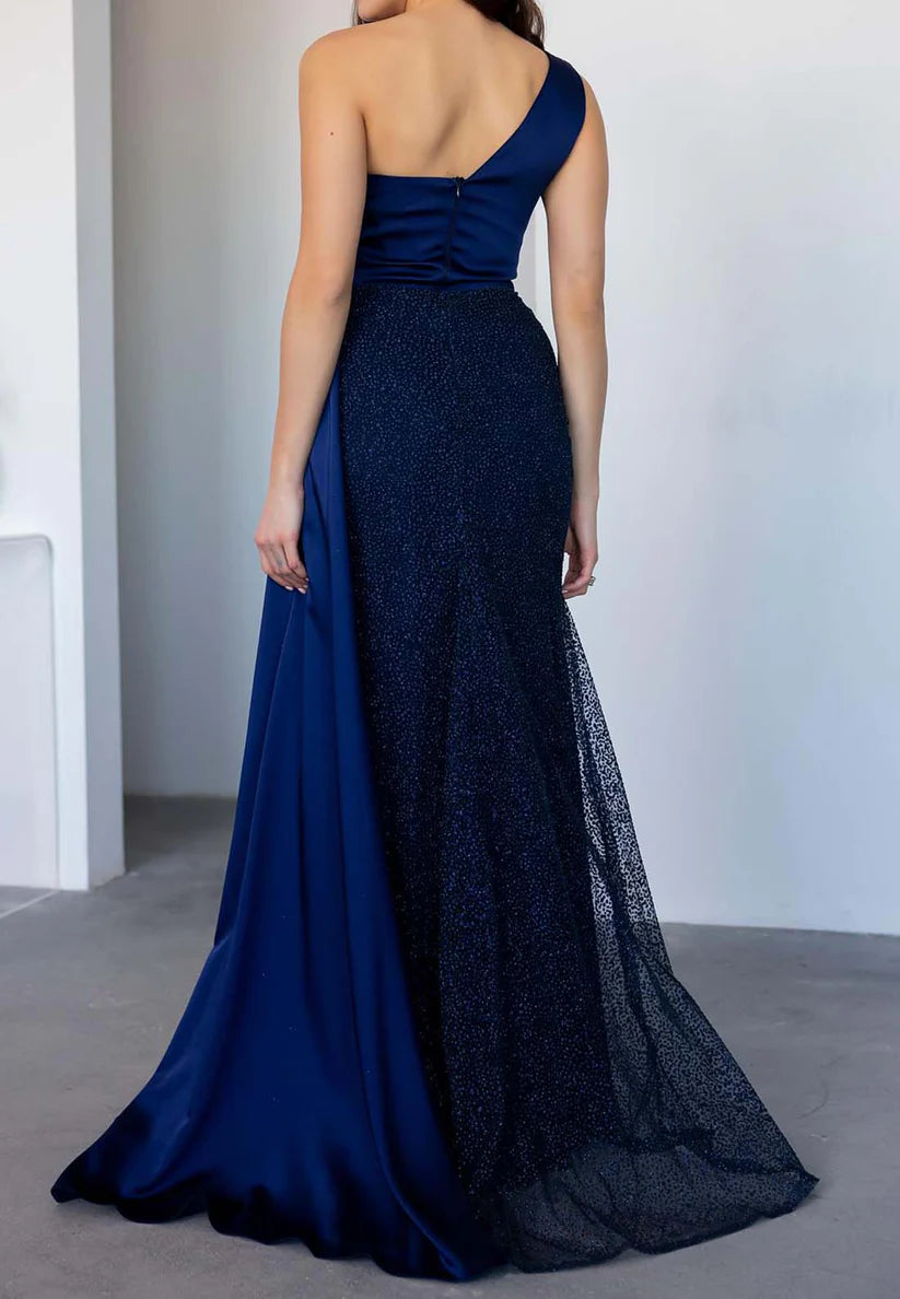 One Shoulder Sleeveless Beaded Emboridery Sheath Formal Dress simple gentle atmospheric and unique desi Bring summer colors to enhance whiteness