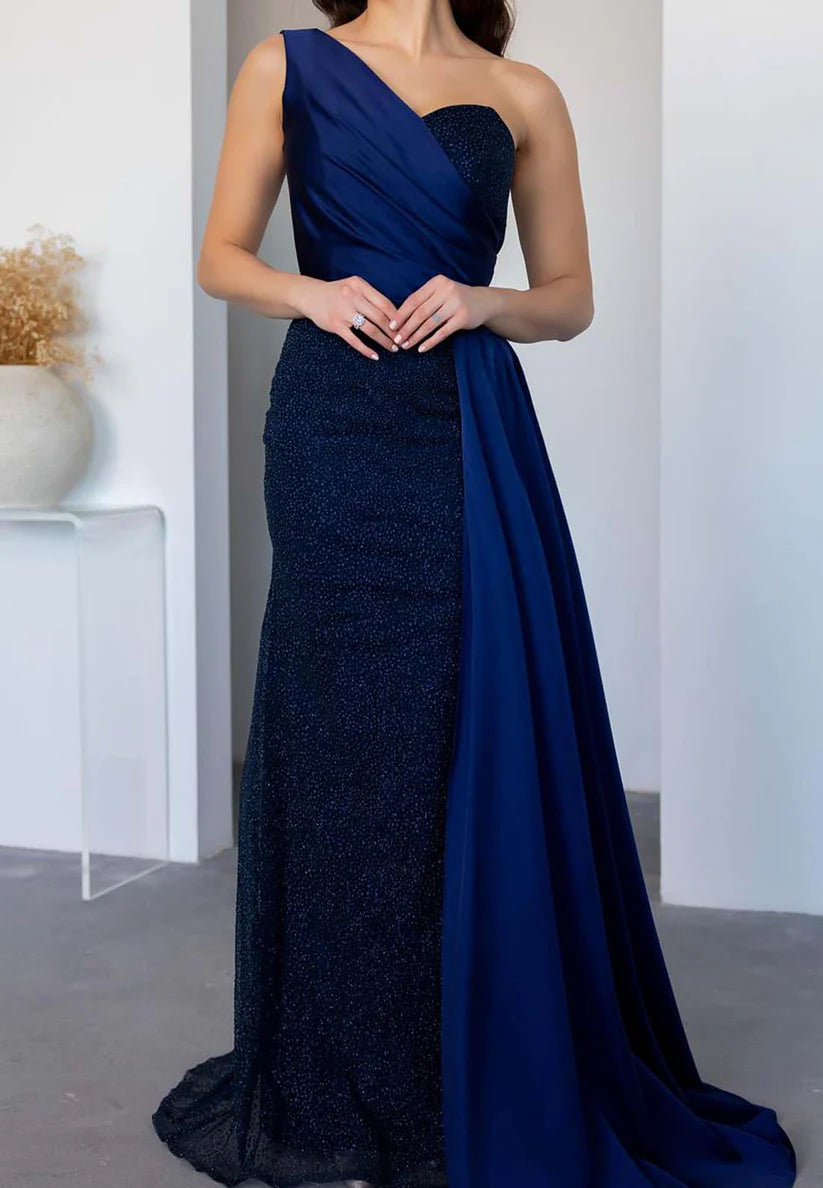 One Shoulder Sleeveless Beaded Emboridery Sheath Formal Dress simple gentle atmospheric and unique desi Bring summer colors to enhance whiteness