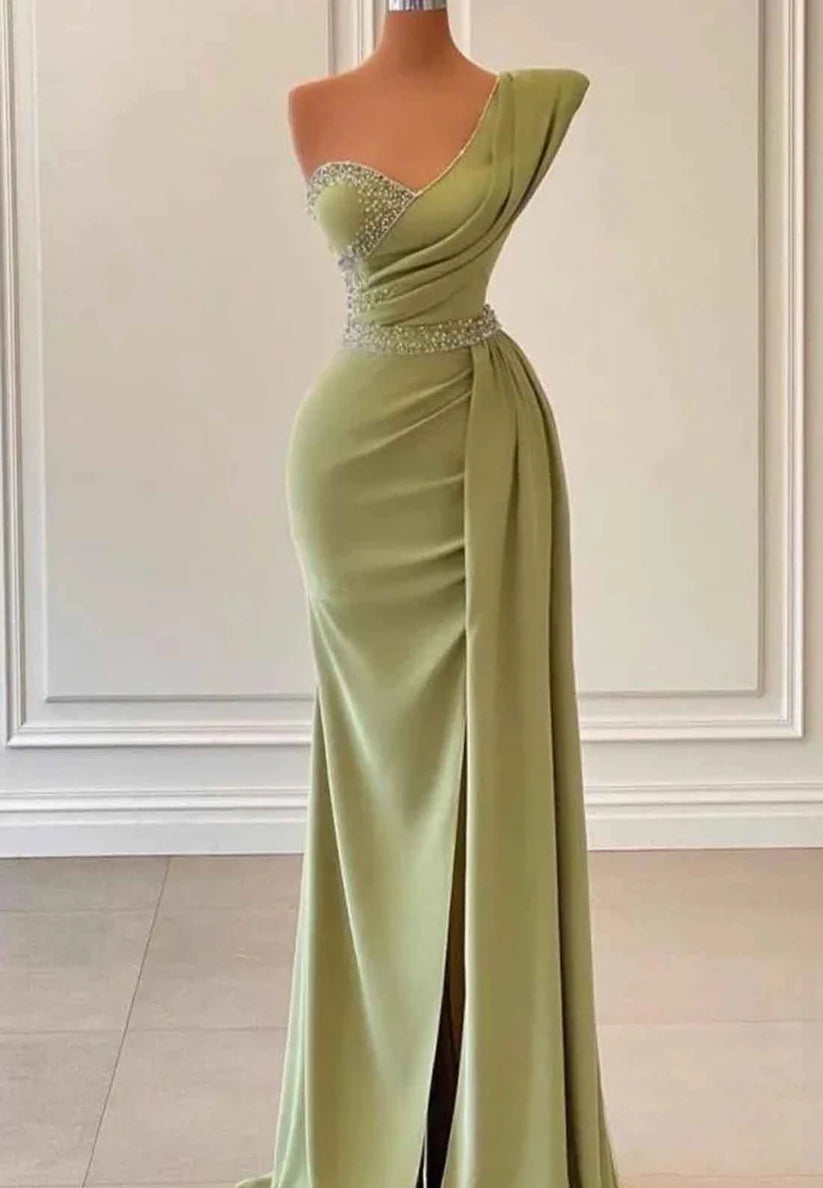 One Shoulder Sleeveless Beaded Pleated Formal Sheath Prom Dress simple gentle atmospheric and unique desi Bring summer colors to enhance whiteness