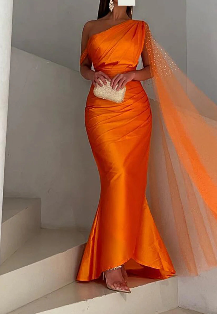 One Shoulder Sleeveless Beaded Pleated Mermaid Formal Dress simple gentle atmospheric and unique desi Bring summer colors to enhance whiteness