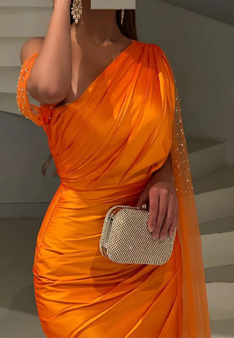 One Shoulder Sleeveless Beaded Pleated Mermaid Formal Dress simple gentle atmospheric and unique desi Bring summer colors to enhance whiteness