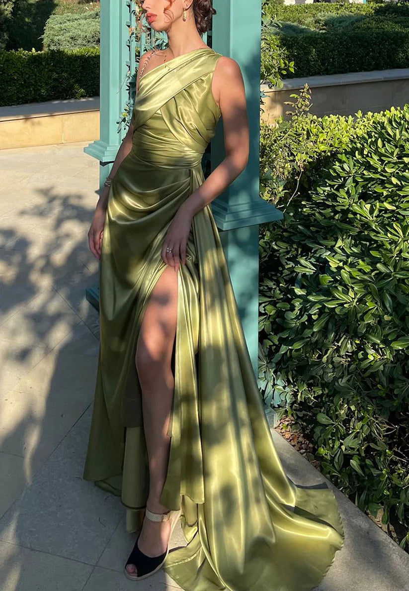 One Shoulder Sleeveless Pleated A-Line Evening Dress simple gentle atmospheric and unique desi Bring summer colors to enhance whiteness