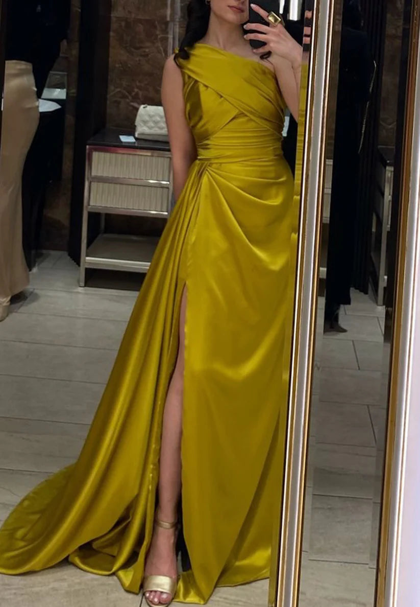 One Shoulder Sleeveless Pleated Sheath Evening Dress simple gentle atmospheric and unique desi Bring summer colors to enhance whiteness