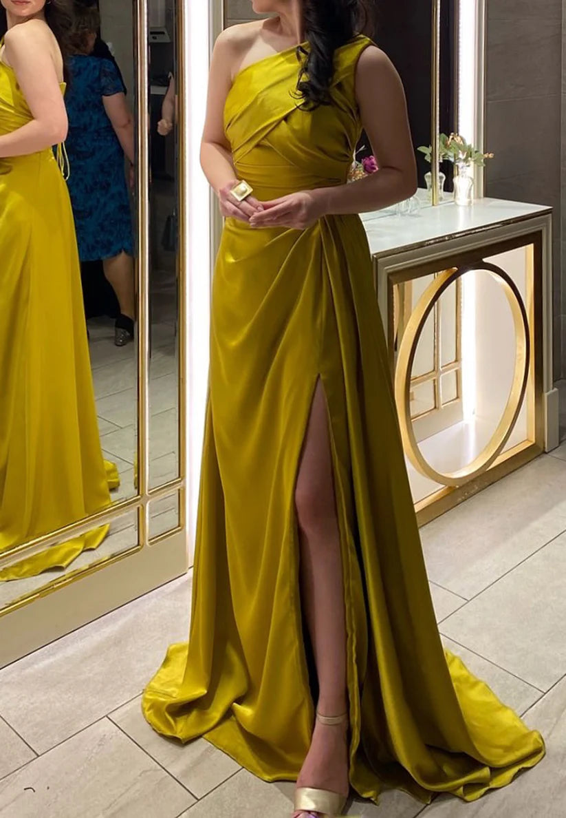 One Shoulder Sleeveless Pleated Sheath Evening Dress simple gentle atmospheric and unique desi Bring summer colors to enhance whiteness