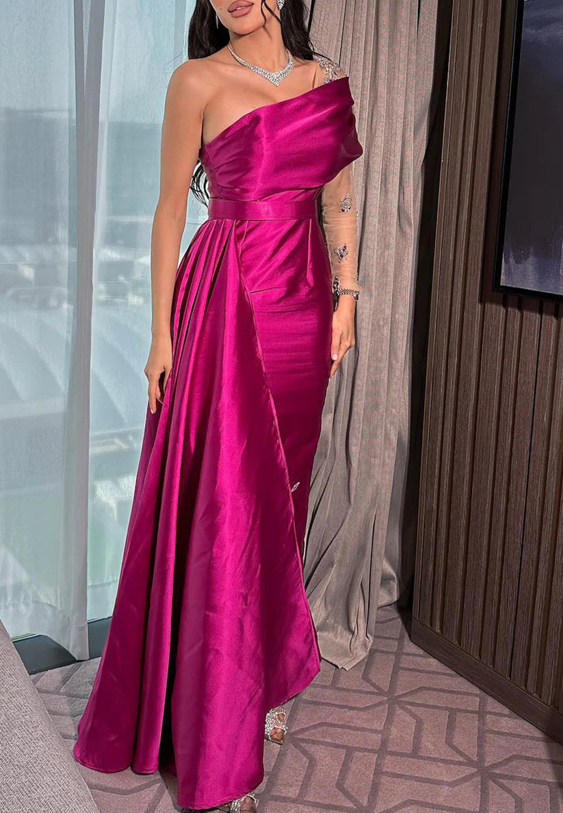 One Shoulder Sleeveless Pleated Sheath Evening Dress simple gentle atmospheric and unique desi Bring summer colors to enhance whiteness