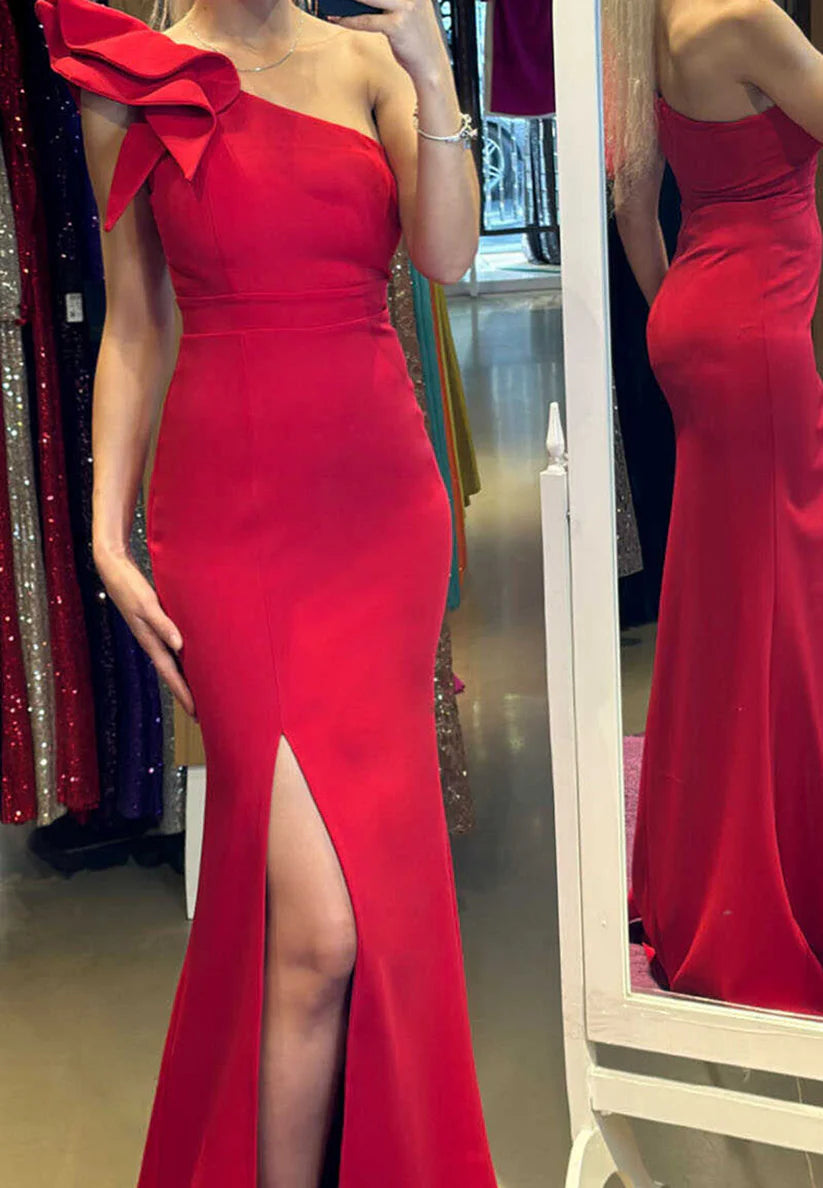 One Shoulder Sleeveless Ruffled Sleek Mermaid Evening Dress simple gentle atmospheric and unique desi Bring summer colors to enhance whiteness