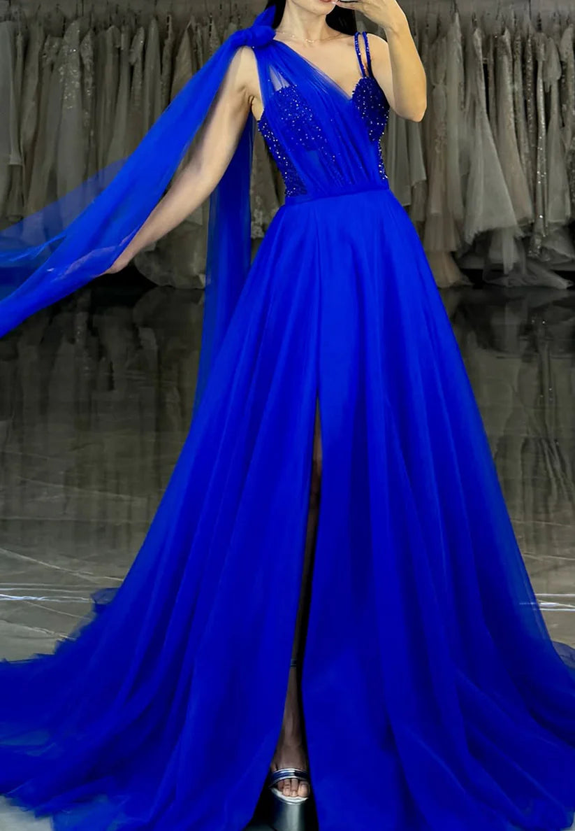 One Shoulder Sleeveless Tulle Pleated Ball Gown Prom Dress simple gentle atmospheric and unique desi Bring summer colors to enhance whiteness