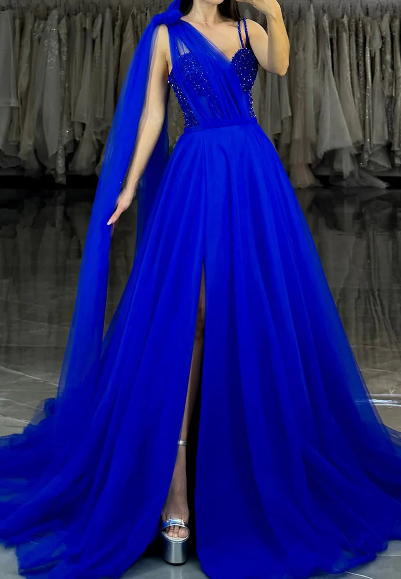 One Shoulder Sleeveless Tulle Pleated Ball Gown Prom Dress simple gentle atmospheric and unique desi Bring summer colors to enhance whiteness