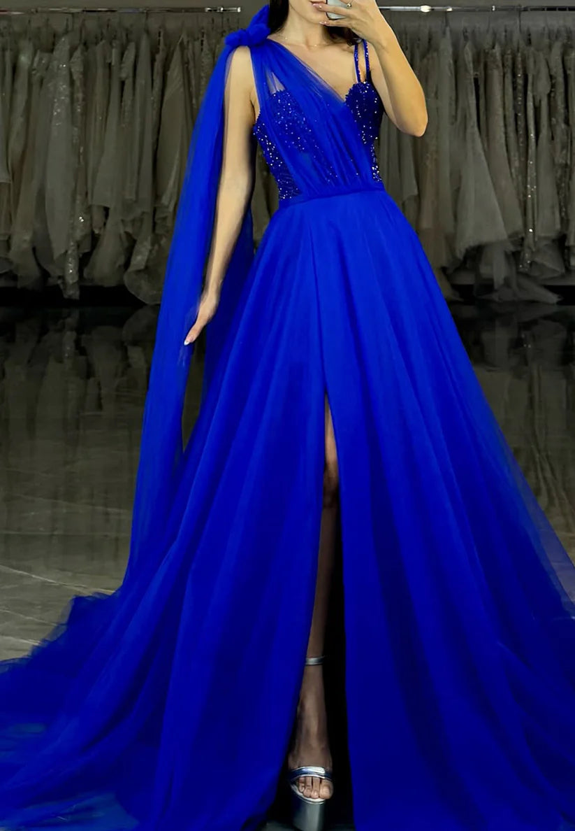 One Shoulder Sleeveless Tulle Pleated Ball Gown Prom Dress simple gentle atmospheric and unique desi Bring summer colors to enhance whiteness