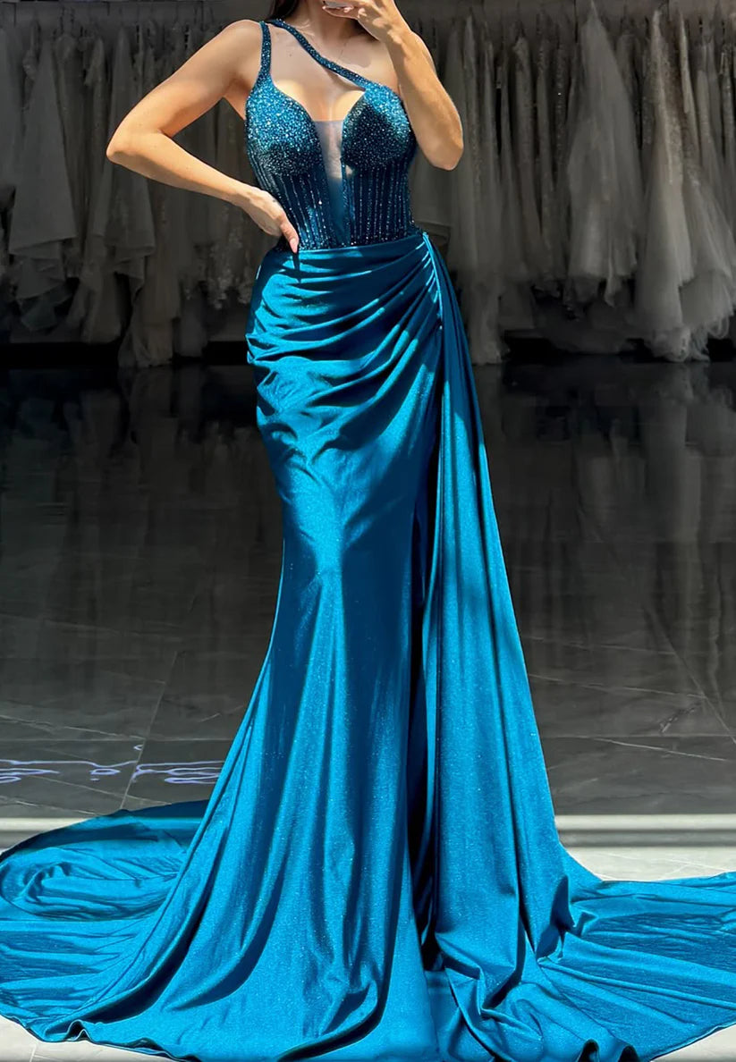 One Shoulder Spaghetti Straps Beaded Ruched Sheath Prom Dress simple gentle atmospheric and unique desi Bring summer colors to enhance whiteness